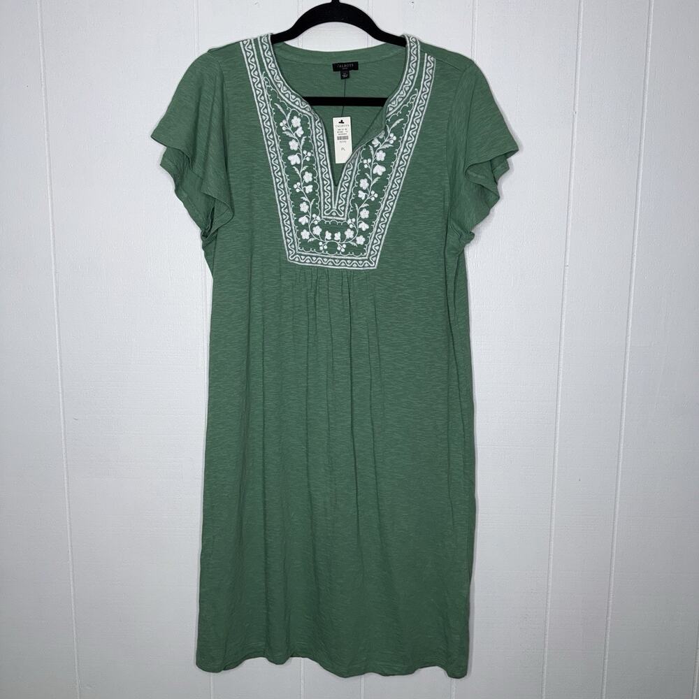 Talbots Women’s Floral Embroidered Shift Dress Ruffle Sleeves Green Size LP NWT